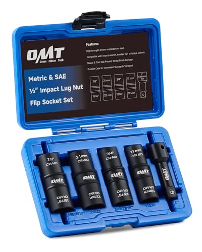 Orion Motor Tech Lug Nut Socket Set, 5pc 1/2" Drive Impact Flip Socket Set with Metric 17 19 21 22 mm & SAE 3/4 13/16 7/8 15/16 in. Sockets, Double Ended Thin Wall Nut Sockets with 3" Extension Bar - size: Flip, 17 19 21 22 mm & 3/4 13/16 7/8 15/16 in., s