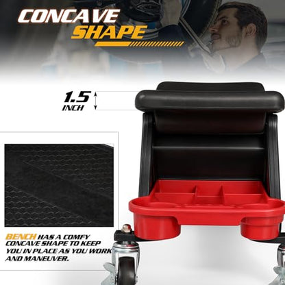 Magshion Garage Creeper Seat with Built-in Storage Drawer & Tool Holder – Durable Plastic Rolling Mechanic Stool with Wheels, 300 Lbs Capacity for Workshop & Auto Repair (Red)