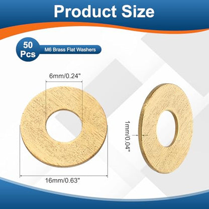 PATIKIL M6 Brass Flat Washer, 50 Pcs 6mm ID 16mm OD 1mm Thick Metric Washers Metal Sealing Gasket Ring for Screws Bolts Factories Home Outdoor Projects - size: M6 x 16 x 1mm