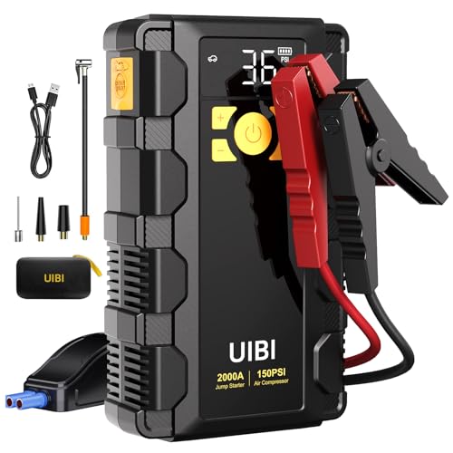 UIBI X5 Car Jump Starter 2000A with Built-in 150PSI Tire Inflator,16000mAh Power Bank & SOS Light for 8.0L Gas/6.0L Diesel Car Truck RV Road Trip Emergency