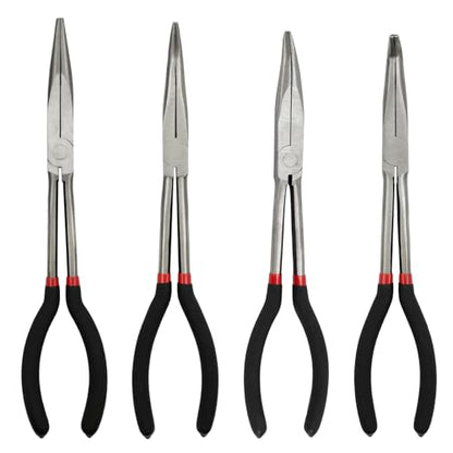 4-Piece 11" Precision Long Nose Pliers Set with Insulated Comfort Grip Handles,Straight Long Needle Nose Pliers,25/45/90 Degree Angle Curved Pliers for Wire Bending,Shaping,Trimming - size: 4pcs-Straight/25/45/90