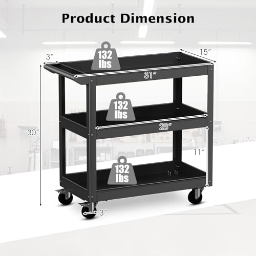 IRONMAX 3-Tier Utility Service Cart, 400 Lbs Heavy Duty Metal Rolling Trolley w/Ergonomic Flat Handle, Lockable 360° Swivel Wheels, Chic Mechanic Tool Cart for Garage Warehouse & Repair Shop - color: Black