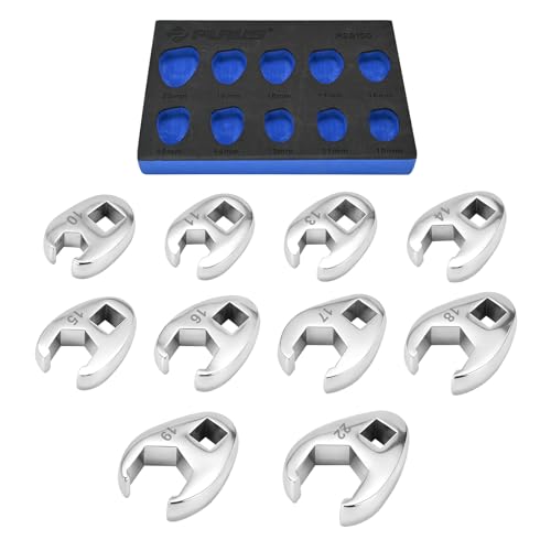 PURUS 10-Piece Metric 3/8" Drive Flare Nut Crowfoot Wrench Set (10-22mm), Innovative 5-Point Full-Contour Design for Tight Automotive & Plumbing Spaces, Custom Tool-Tray EVA Foam Organizer Included