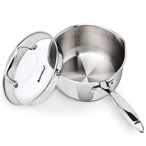 Rorence Stainless Steel Sauce pan: Saucepan with Pour Spouts, Capsule Bottom & Tempered Glass Lid - 2.5 Quart - size: 2.5 Quart