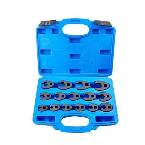 HFS(R 3/8-Inch and 1/2-Inch Drive Crowfoot Flare Nut Wrench Set, Metric, 8mm to 24mm | 15-Piece Set, Cr-Mo Steel