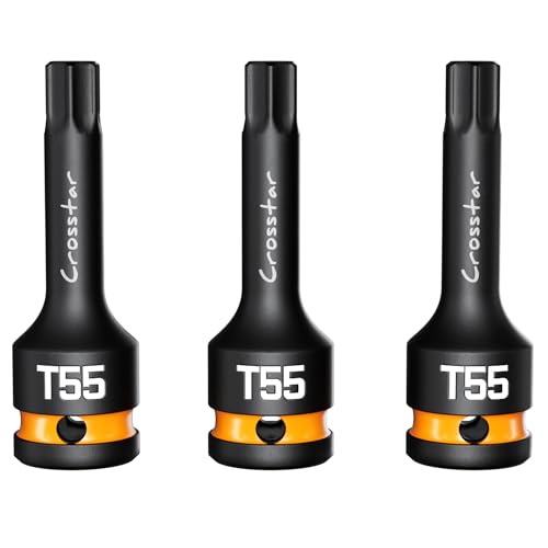 Crosstar 3pcs T55 Impact Torx Bit Socket Set, 1/2" Drive Cr-Mo Steel, Long High Impact Star Sockets for Automotive & Heavy-Duty Use, Professional Mechanic Tools with Transparent Case - size: T55 (Long)