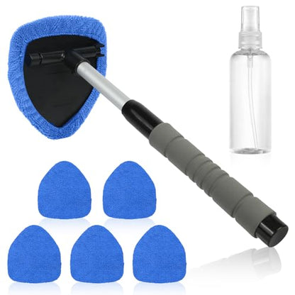 6 Pcs Windshield Cleaning Tool, Car Window Cleaner Kit with 5 Reusable Microfiber Pads, 1 Spray Bottles, Extendable Long Handle, Auto Inside Glass Wiper Kit for Vehicles(Blue)
