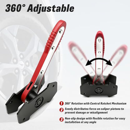 360° Ratcheting Brake Caliper Press Tool with 2 Steel Plates, 2 Hooks & Work Gloves, Universal Piston Spreader for Car Truck Disc Brake Repair