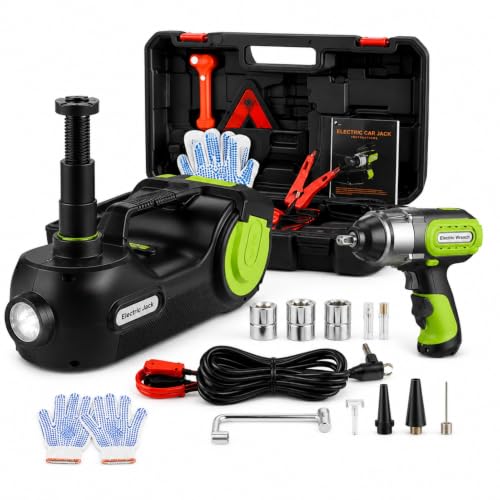 Electric Car Jack Kit 5 Ton 12V, C-Type Electric Hydraulic Floor Jack with Impact Wrench, Tire Inflator Pump, LED Light and Storage Case, Portable Tire Change Tool for SUV Sedan Truck (Black Green)