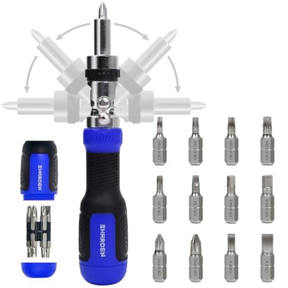 SHARDEN Ratchet Screwdriver 13-in-1 Multi Screwdriver Tool All in One Ratcheting Screwdriver Set with Phillips, Flat Head, Torx, Hex, Square, 180 Degree Pivoting Adjustable Angle Screw Driversets Set - color: Blue