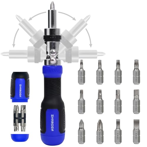 SHARDEN Ratchet Screwdriver 13-in-1 Multi Screwdriver Tool All in One Ratcheting Screwdriver Set with Phillips, Flat Head, Torx, Hex, Square, 180 Degree Pivoting Adjustable Angle Screw Driversets Set - color: Blue