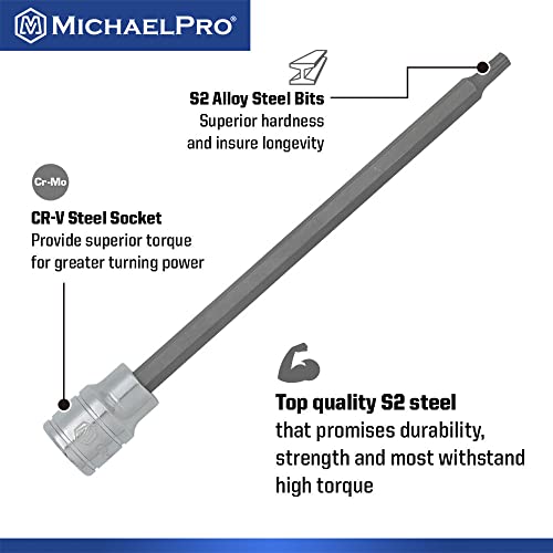MichaelPro 12-Piece 3/8'' Drive Long Torx Bit Socket Set, T10 to T60, 6-Inch Length for Easy Reach in Deep Areas, High Torque Resistant CR-V and S2 Steel, Sturdy Storage Case Included - MP012019 - size: T10 to T60