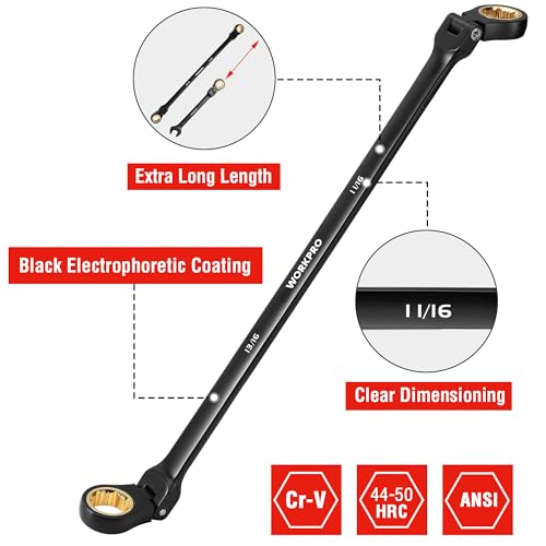 WORKPRO Extra Long Flex-Head Ratcheting Wrench Set, 5-piece Anti-Slip Double Box Wrenches Set, SAE 1/4-13/16 mm, 72-Teeth, Cr-V Steel and Black Electrophoretic Coating Wrenches with Rolling Pouch - size: SAE