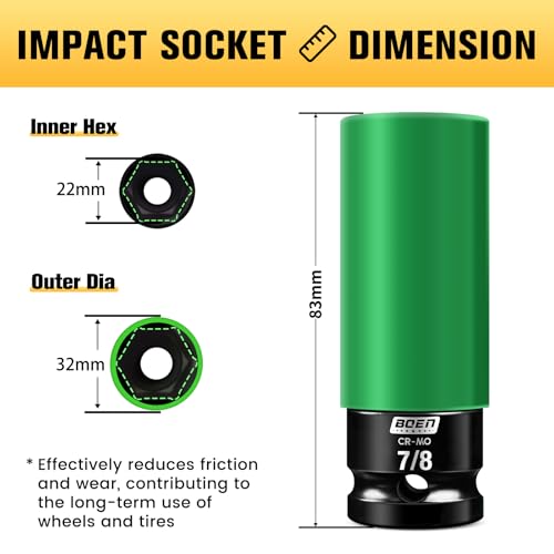 BOEN 1/2" Drive 7/8" Wheel Protector Impact Socket, Non-Marring Lug Nut Thin Wall Deep Socket Set, Chrome-Molybdenum Steel, 6 Point, Color-Coded Protective Socket - size: 7/8