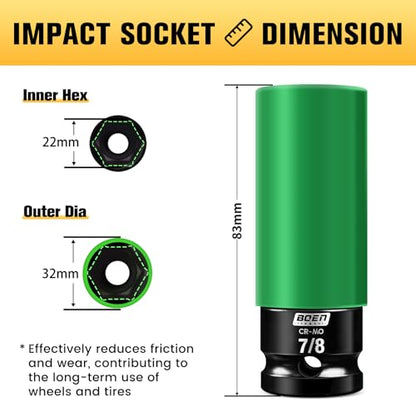 BOEN 1/2" Drive 7/8" Wheel Protector Impact Socket, Non-Marring Lug Nut Thin Wall Deep Socket Set, Chrome-Molybdenum Steel, 6 Point, Color-Coded Protective Socket - size: 7/8