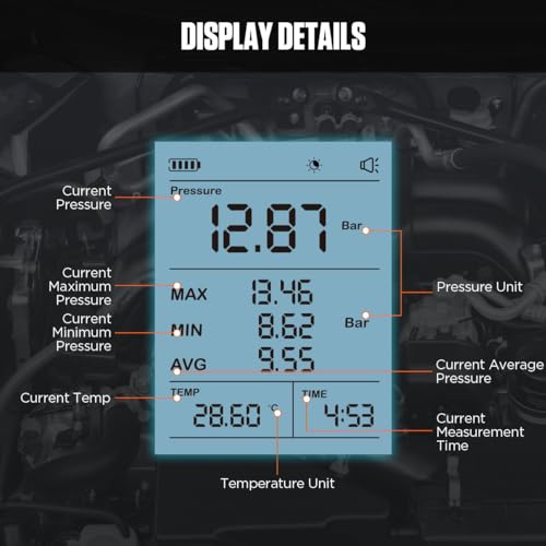 Digital Fuel Pressure Gauge Kit, 0-426.6 PSI Automotive Fuel Pressure Tester with 2.8" Backlit Screen, Temperature Display, 20+ Adapters, Multi-Unit Switching