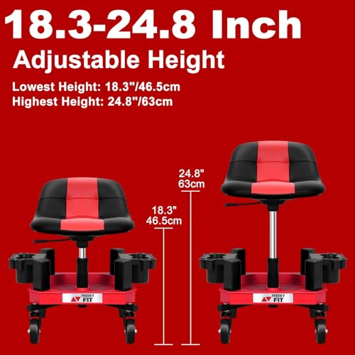 Rolling Shop Stool with Wheels, Adjustable Garage Mechanic Stool Seat Shop Roller Work Chair Mobile Rolling Seat with Tool Tray, 2 Cup Holders, 4" Casters, 350 LBS, Heavy-Duty, Red - color: Red