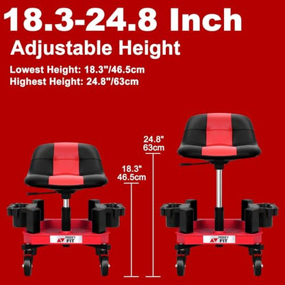 Rolling Shop Stool with Wheels, Adjustable Garage Mechanic Stool Seat Shop Roller Work Chair Mobile Rolling Seat with Tool Tray, 2 Cup Holders, 4" Casters, 350 LBS, Heavy-Duty, Red - color: Red