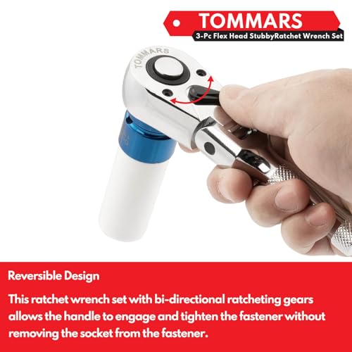 TOMMARS Flex Head Stubby Ratchet Set, 1/4", 3/8", 1/2" Socket Wrench Kit | Mechanic Hand Tool, Flexible, 72 Tooth 5-degree swing arc, Quick Release, Reversible - size: 1/4", 3/8", 1/2" Drive, style: Flex Head Stubby Ratchet Set