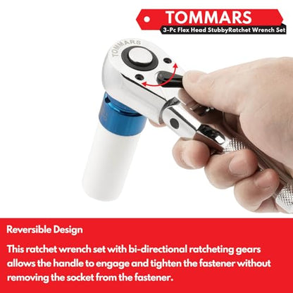 TOMMARS Flex Head Stubby Ratchet Set, 1/4", 3/8", 1/2" Socket Wrench Kit | Mechanic Hand Tool, Flexible, 72 Tooth 5-degree swing arc, Quick Release, Reversible - size: 1/4", 3/8", 1/2" Drive, style: Flex Head Stubby Ratchet Set