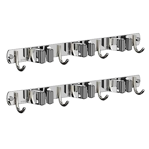 CUXIXA 2 Pack Mop and Broom Holder Wall Mount, Non-slip Broom Hanger, Heavy Duty Mop Broom Organizer for Kitchen Garden Garage Laundry Room Wall Decor Organization and Storage Silver 3R4H - color: Silver, size: 2 Pack 3 Racks with 4 Hooks