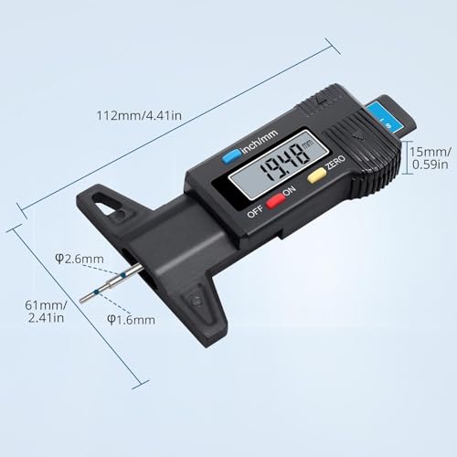 Tire Tread Depth Gauge Digital Tire Tread Depth Gauge 0-25.4mm Range,0.01mm Resolution,Large LCD Display,Handheld Easy Read Tire Depth Gauge for Cars,Trucks,Motorcycles
