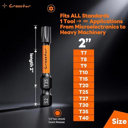 Crosstar 16 Pcs 2" Impact Torx Bit Set, S2 Steel Magnetic Security Star Bits, Tamper Proof Torx Screwdriver Bits with CNC Tips for Drill/Driver, Automotive, Woodworking & Home Repair - size: T7-T40 (2IN)