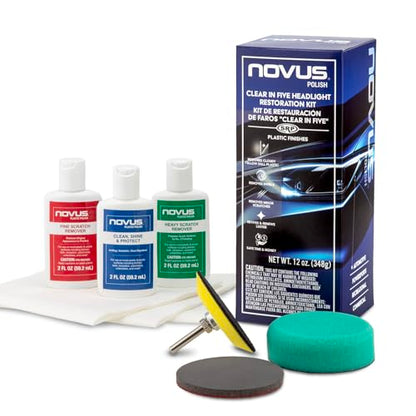 NOVUS Clear in Five Headlight Restoration Kit | 2 Ounce #1, 2, & 3 Bottles, Buffing Pad, Backing Pad Drill Attachment, 1,000 Grit Sanding Disk, 3 Polish Mates - size: NOVUS Headlight Restoration Kit