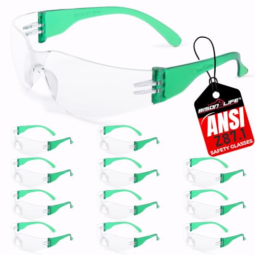 BISON LIFE Clear Safety Glasses – ANSI Z87.1 Certified Scratch & Impact Resistant Eye Protection Goggles for Men & Women - color: Clear/Green
