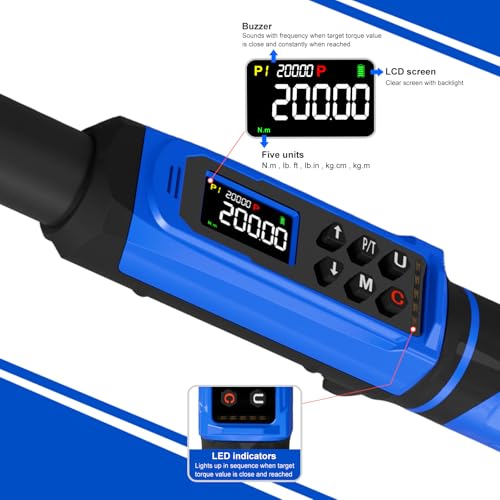1/2" Digital Torque Wrench 2.2-147.5 Ft.lb/ 3-200 Nm， Digital Electronic Torque Wrench ±1% Accuracy, 5 Units LCD Screen with Buzzer & LED Alarm for Cars,Motorcycles,Bicycle - size: 1/2" 2.2-147.5 FT.LB