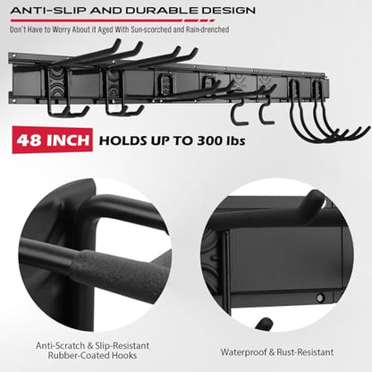 SEDY 48" Heavy Duty Garage Wall Organizer, Wall Mount Tool Storage Rack with Adjustable Hooks, Garden Tool Organizer Hold Up to 300lbs, Easy Installation (3 Panels, 8 Hooks, 3 Straps) - style: 48" Garage Wall Organizer (3 Panels, 8 Hooks, 3 Straps)