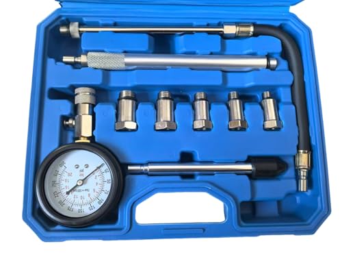 11PCS Engine Cylinder Compression Tester Kit, 0-300 PSI/0-20 Bar Gasoline Fuel Pressure Gauge Tool with M10 M12 M14 M16 M18 Adapters for Car Motorcycle ATV(11PCblue)