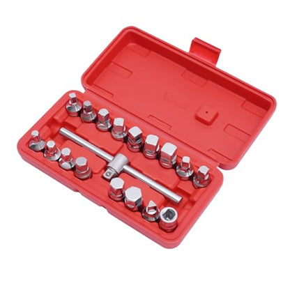 18PCS Oil Drain Sump Plug Key Set, 3/8'' Drive Removal Tool Kit with Sliding Bar, Oil Drain Plug Key