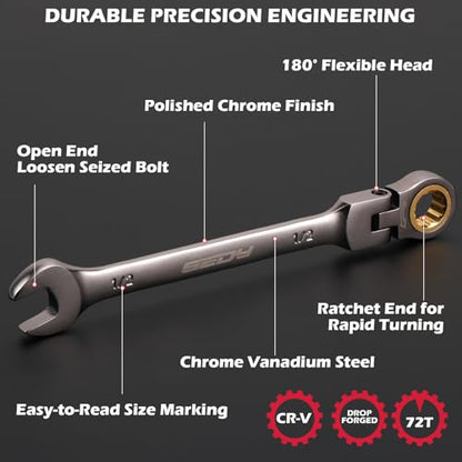 SEDY Premium 12-Piece SAE Flex-Head Ratchet Wrenches Set 1/4"-7/8" with Magnetic Organizer, Cr-V Steel Ratcheting Wrench Set with 72 Teeth 180° Flex Head, Ratchet Combination Wrench Set for Repair - style: 12-Piece Flex-Head (SAE)