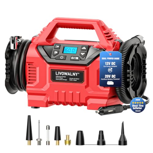 3X Faster Cordless Tire Inflator Air Compressor Pump Compatible With Milwaukee 18V Battery, LIVOWALNY 160PSI 12V DC/18V DC with Pressure Gauge & Deflator for Car, Air Mattresses (Tool Only) - color: Red