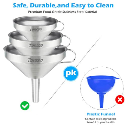 Toncoo 3 Pack Stainless Steel Funnels for Kitchen Use, Food Grade Cooking Funnel with 3 Strainer, Kitchen Funnel Set Metal Funnels for Filling Bottles
