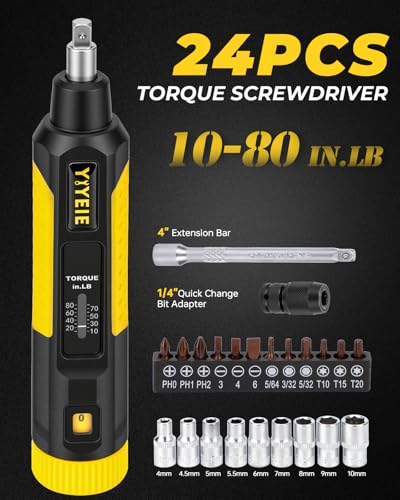 24Pcs Torque Screwdriver, 10-80 In-lbs, Inch Pound Torque Wrench Screwdriver Set for Maintenance, with S2 Steel Bits, Sockets & Case -1/4" Drive Fat Wrench Screwdriver for Bike Repairing, Mounting - size: 24PCS, style: Square