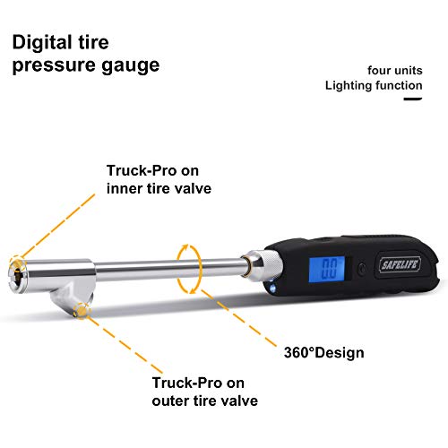 SAFELIFE Digital Tire Pressure Gauge, Heavy Duty Dual Head Stainless Steel Made Swivel Air Chuck Tire Pressure for Truck RV with Backlit LCD and Flashlight-230 PSI