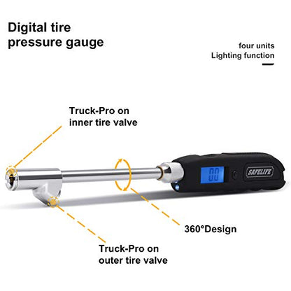 SAFELIFE Digital Tire Pressure Gauge, Heavy Duty Dual Head Stainless Steel Made Swivel Air Chuck Tire Pressure for Truck RV with Backlit LCD and Flashlight-230 PSI