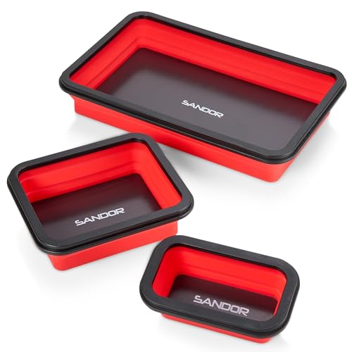 Collapsible Magnetic Parts Tray Set - 3 Different Size Tool Trays for Screw, Bolts, Nuts, Washers, Pins and Other Small Metal Parts, Mechanic Tool Gifts for Men - Red - color: Red