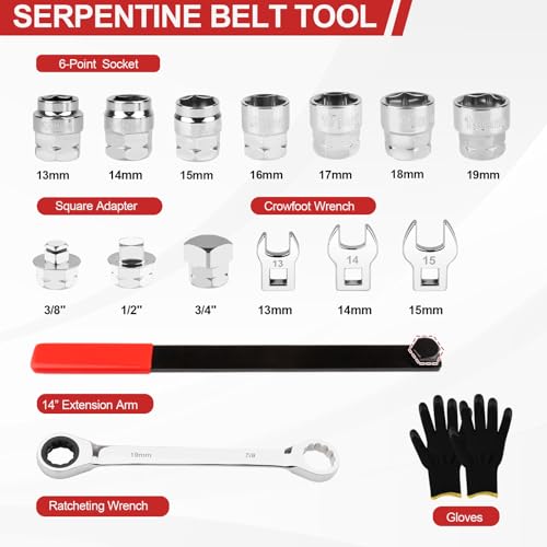 Crizendo15PCS Serpentine Belt Tool Kit, Universal Serpentine Belt Tensioner Tool with 14" Extension Bar & Ratchet Wrench, for Easy Belt Removal and Installation