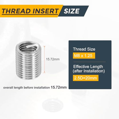 HARFINGTON 20pcs Wire Thread Repair Inserts M8 x 1.25 x 2.5D (20mm) Metric 304H Stainless Steel Helical Coiled Wire Screw Threaded Sleeve Sheath for Automotive Repairs - size: M8 x 1.25 x 2.5D