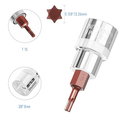2PCS 3/8" Drive T15 Torx Bit Socket, S2 Steel Bits, Heat Treated CR-V Steel Star Sockets 1.9" Length - size: T15