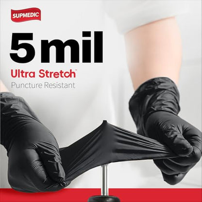 Supmedic Nitrile+ Disposable Gloves, 5Mil Chemical Resistant Powder-Free Latex-Free Glove Exam Cook Tattoo, Black Blue 100Pcs - color: (Black) X-large