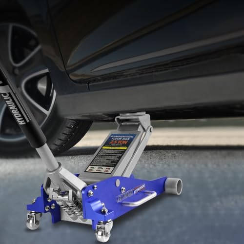 Hydraulic Low Profile Aluminum and Steel Racing Floor Jack with Dual Piston Quick Lift Pump and Dual Side Handles, 2.5 Ton (5,000 Lb) Capacity Lifting Range Between 3.74" to 18.7", Blue