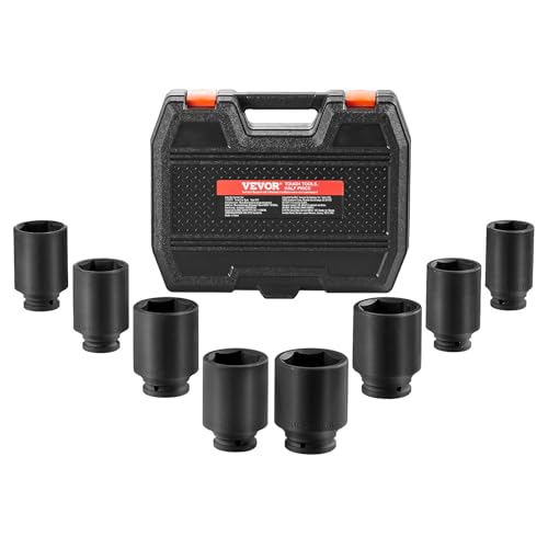 VEVOR Axle Nut Impact Socket Set - 3/4" Drive Deep 6-Point 8-Piece SAE Spindle Nut Socket CR-MO Heat Treated Large Socket Set with Storage Case for Auto Repair, Removing or Installing Axle Nuts - style: 3/4" 8PCS SAE CR-MO