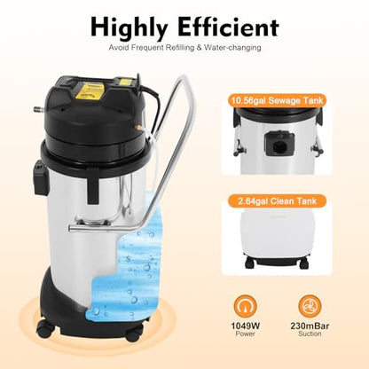 Commercial Cleaner Carpet Extractor, 40L/11Gal 3 in 1 Multi Purpose Carpet Cleaning Machine with Water Vacuuming Head & Round Brush, Wet & Dry Vacuum Cleaner Portable Cleaning Machine for Home, Car