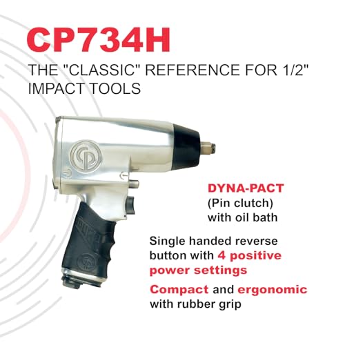 Chicago Pneumatic CP734H - 1/2 Inch Air Impact Wrench, Pistol Handle, Max Torque Reverse Output 425 ft. lbf / 576 Nm, 9,500 RPM, Pin Clutch, Industrial Tool, Automotive