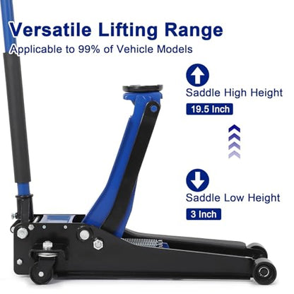 GarveeTech 3T Low Profile Floor Jack, Professional Low Profile Hydraulic Jack, Heavy Duty Steel Racing Floor Jack with Dual Piston Quick Lift Pump,Lift Range 3 in-19.5 in,Hydraulic Car Jack, Blue