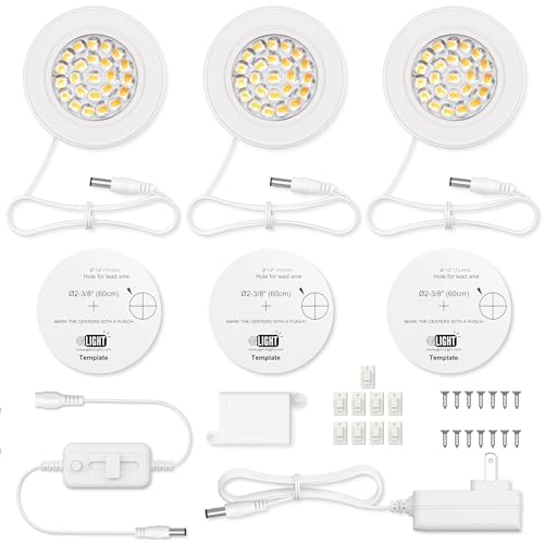GETINLIGHT 2.5" Wide 3000K Dimmable LED Puck Lights Kit, Plug-in Installation with Recessed or Surface Mounted, White Finish Over Metal Construction, Set of 3, IN-0113-3-WH - color: White